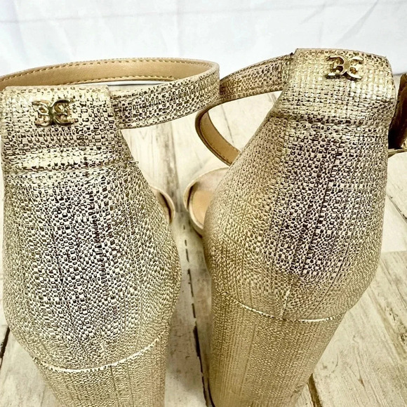 Sam Edelman Metallic Gold Yaro Textured Jute Ankle Strap Heeled Sandal Size 9 - Picture 7 of 9